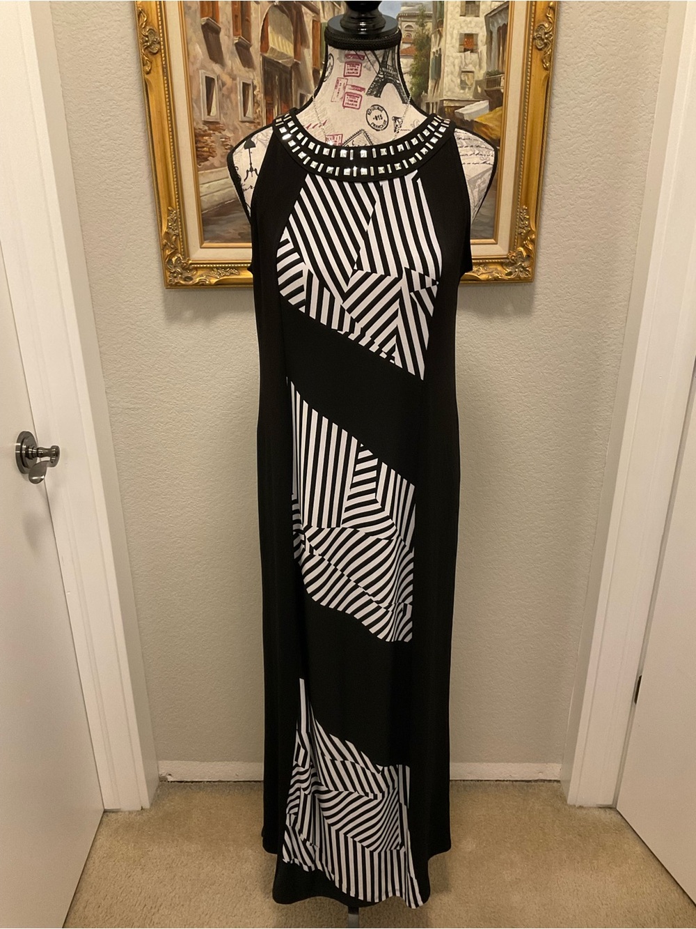 Style & Co. Black and White Geometric Maxi Dress with Studded Neckline Size M
